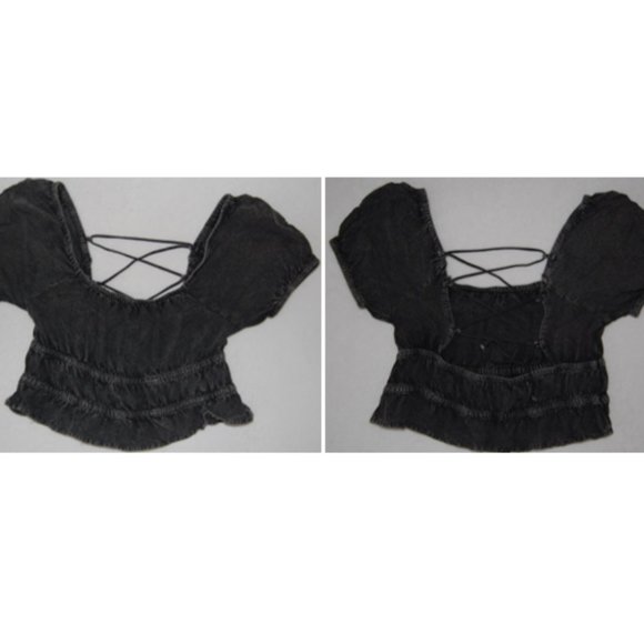 Rebellion Again, Size M, Rayon Crop Top, Strappy Back Off Shoulder, Gray - Picture 6 of 15